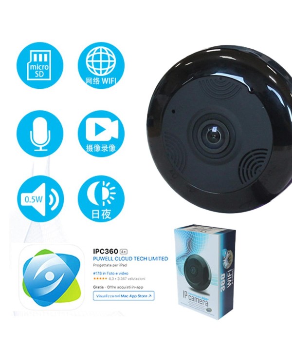 Telecamera WiFi 360° Fisheye HD 960p 2MP Telecamera di Sorveglianza Stanza Bimbo Salotto Interno Audio Bidirezionale Riproduzione Video