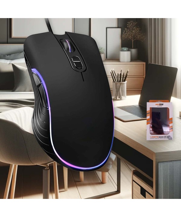 Mouse da Gioco con 2 Tasti Laterali e Tasto Regola DPI RetroIlluminato con RGB Casuale Filo Antipiega 1,25 metri Modello Finitura Nero Opaco