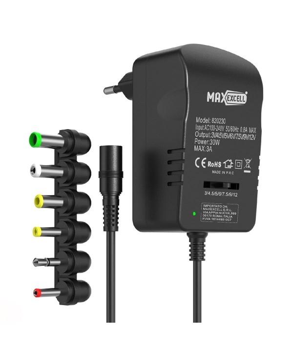 Adattatore di Alimentazione DC Universale - Output Regolabile da 3V a 12V, 30W, MAX 3A - Input AC 100V-240V con 6 Adattatori Inclusi