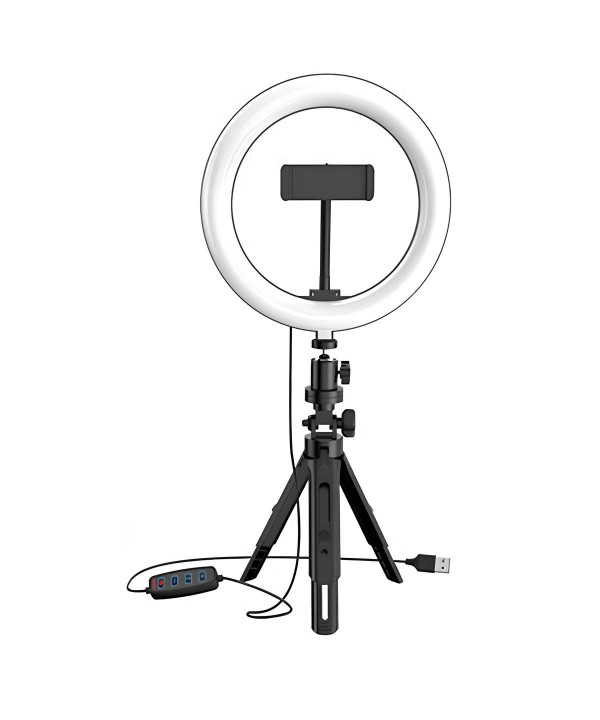Supporto a Treppiedi Anello Luminoso USB con 3 collori 2800k-6500k a LED 16W 360º Dimmerazione con 60cm di Altezza Regolabile Diametro 20cm