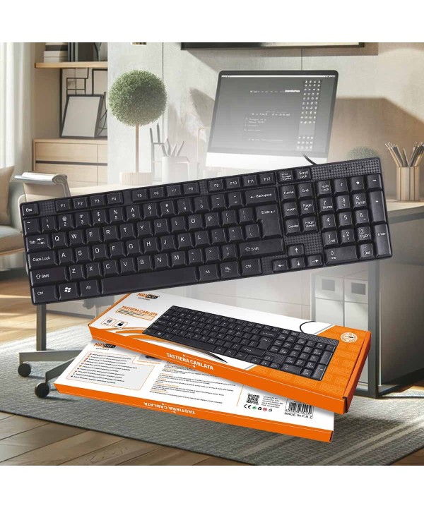 Tastiera USB Cablata Standard con Layout Italiana QWERTY Tasti Durevoli Resistono fino a 30 Milioni di Battute Modello Rettangolare Slim