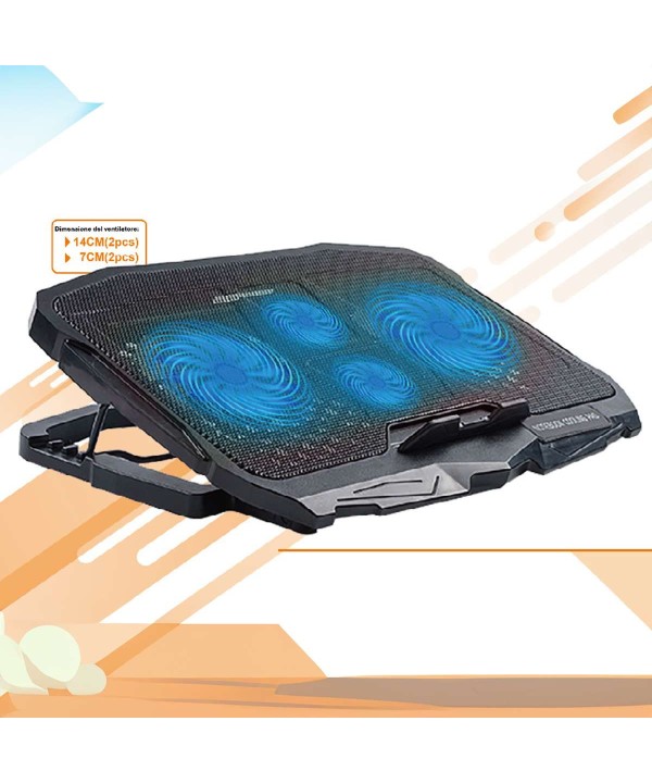 Supporto Regolabile con Ventola per Laptop PC Modello 2 Ventole da 14cm e 2 da 7cm Dimensione Supporto L39cm x W28cm x H2.9cm