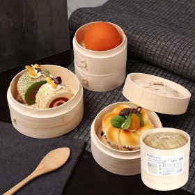 Cestello per Cottura a Vapore di Bambù a 2 Livelli Lavabile per Ravioli Verdure Dimsum e molti altri 15cm Diametro e Alto 13.5cm