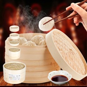Cestello per Cottura a Vapore di Bambù a 2 Livelli Lavabile per Ravioli Verdure Dimsum e molti altri 24cm Diametro e Alto 15.3cm