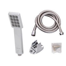 Kit Soffione Doccia + Tubo Flessibile Doccia 1,5M + Staffa Supporto Da Muro Cromato Rettangolare