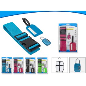 Cinghie Valigia 5X200cm + Lucchetto TSA per Valigia + Etichetta Tabella Nome per Valigia Colore Blu