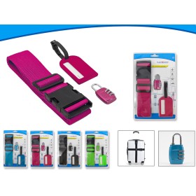 Cinghie Valigia 5X200cm + Lucchetto TSA per Valigia + Etichetta Tabella Nome per Valigia Colore Fucsia