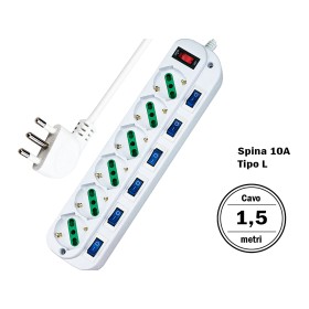 Multipresa Ciabatta Elettrica Con 6 Posti Prese Schuko 10/16A + 7 Interruttori Spina 10A Piccola Tipo L Cavo Da 1,5 Metri