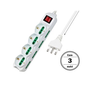 Multipresa Ciabatta Elettrica Cavo 3M Con 12 Posti 4 Prese Schuko 10/16A +  8 Prese Bipasso 2P+T 10/16A Interruttore