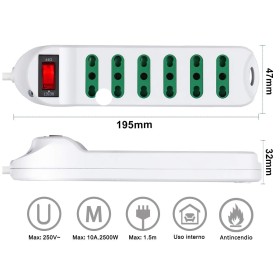 Multipresa Ciabatta Elettrica Cavo 3M Con 6 Posti Prese Bipasso 10/16A 2P+T Interruttore Spina 10A Laterale