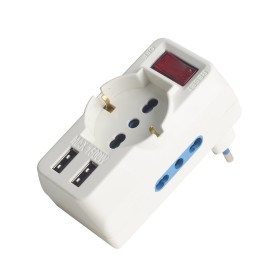 Adattatore con Interruttore Spina 10A con 2 Prese Bipasso 10A/16A 1 Presa Universale e 2 USB A 5V/3A 250V Max 1500W