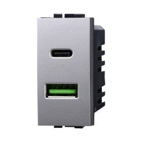 ETTROIT Modulo Presa Caricatore USB 2 Porte 3,1A USB-A + USB Type C Colore GRIGIO Compatibile Con Bticino Living International