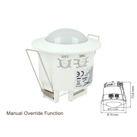 Sensore di Movimento a Infrarossi e Crepuscolare Montaggio Da Incasso Colore Bianco IP20 360 Gradi Manual Override SKU-1356