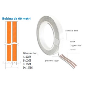 Cavo Filo Nastro Elettrico Super Slim Rotolo Piatto Con Biadesivo 2 Conduttori 0,25mmq 5mm Fino a 3A Senza Rompere Muri o Installare Canaline 60 Metri