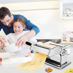 Macchina Tirapasta Manuale con Manovella Sfogliatrice e Supporto Antiscivolo con 9 Spessori Regolabile per Spaghetti Tagliatelle Lasagne