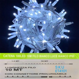 Catena Luminosa di Luci Led IP65 10 Metri Con 100 Led Filo Bianco Luce Bianco Freddo Con Connettore Allungabile