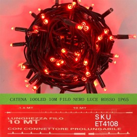 Catena Luminosa di Luci Led IP65 10 Metri Con 100 Led Filo Nero Luce Rosso Con Connettore Allungabile