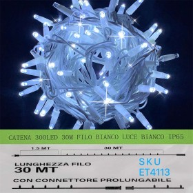 Catena Luminosa di Luci Led IP65 30 Metri Con 300 Led Filo Bianco Luce Bianco Freddo Con Connettore Allungabile