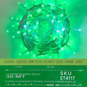 Catena Luminosa di Luci Led IP65 30 Metri Con 300 Led Filo Bianco Luce Verde Con Connettore Allungabile