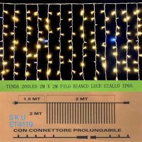 Tenda Luminosa Da Esterno IP65 2M X 2M Con 200 Luci Led Bianco Caldo Giallo Con Connettore Prolungabile