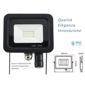 Faro Led Flood Light Slim 10W IP65 Bianco Neutro Carcassa Nera Sensore PIR Opzionale CL1918