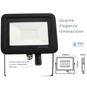 Faro Led Flood Light Slim 30W IP65 Bianco Neutro Carcassa Nera Sensore PIR Opzionale CL1918
