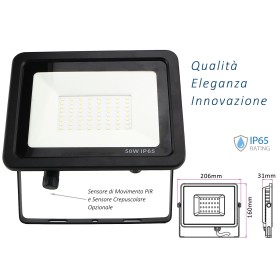 Faro Led Flood Light Slim 50W IP65 Bianco Neutro Carcassa Nera Sensore PIR Opzionale CL1918