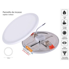 Faretto Pannello Led Da Incasso Rotondo 20W Bianco Neutro Diametro 230mm Foro Adattabile Da 50mm a 200mm