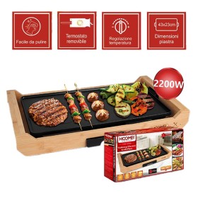 Piastra Grill Elettrica 2200W Rivestimento Antiaderente con Termostato Regolabile e Raccoglitore di Grasso Rimovibile 43x23cm Finitura Bambu