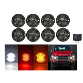 Kit 8 Fanali Led Anteriore Posteriori Laterali Lente Nero Fume Per Land Rover Defender 1983-2016 Compreso Relay CF14