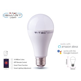V-TAC Smart Lampada Led Bulb E27 A65 15W WiFi RGB CCT Dimmerabile APP Compatible Amazon Alexa Google Home SKU-2753